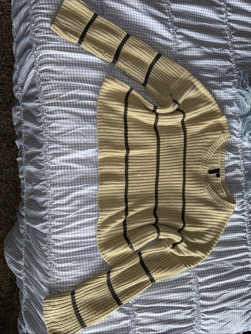 Striped Crewneck Knit Sweater in Pale Beige And Olive Green